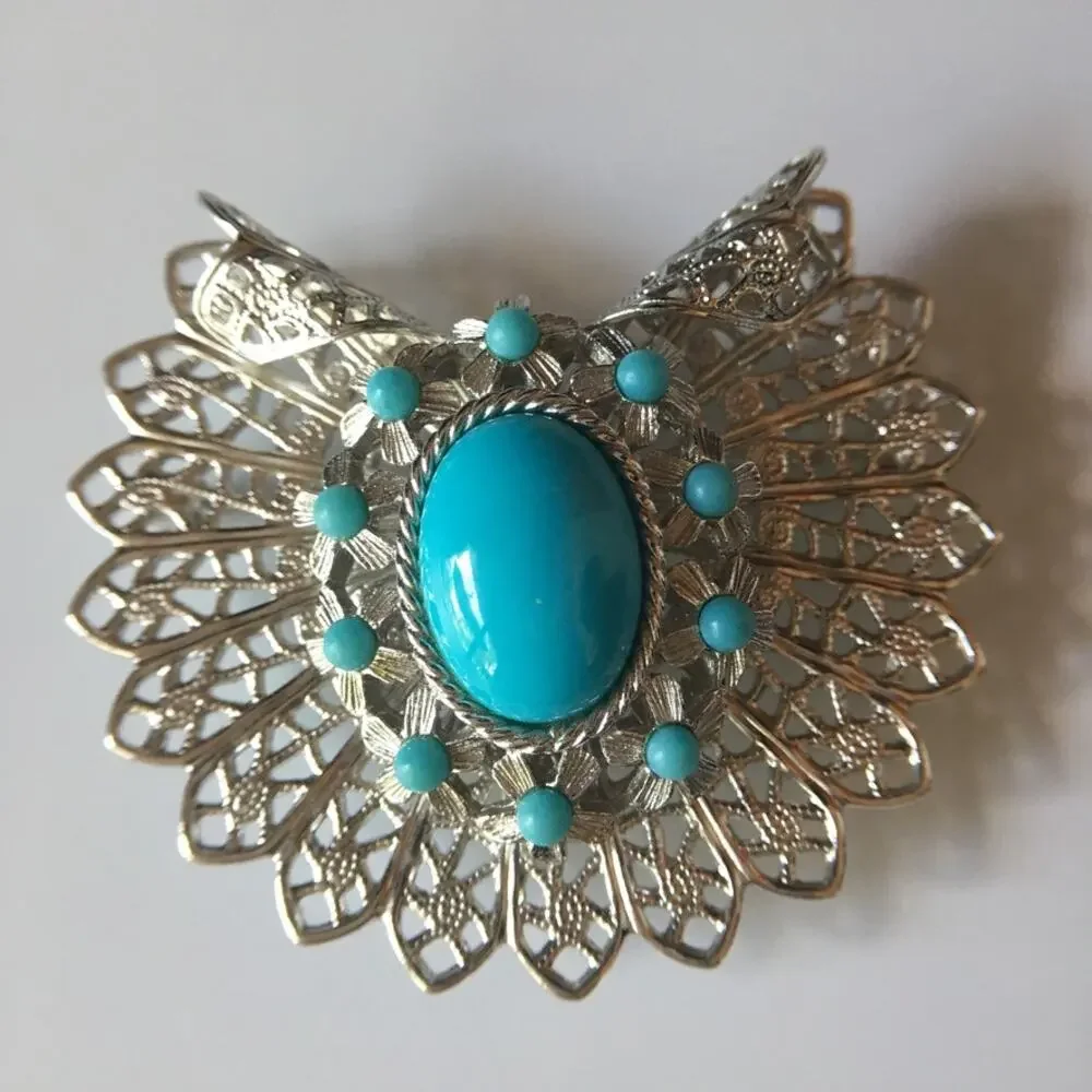 Ornate robin's egg blue and silver filigree convertible brooch, pendant